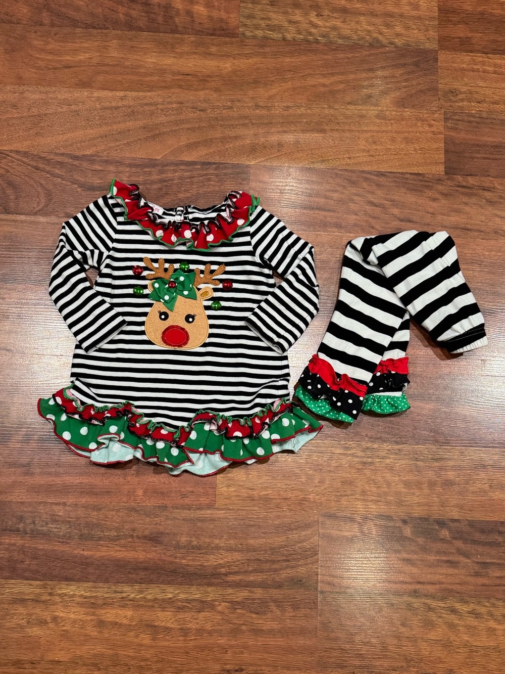 Jessica Ann - Holiday Black and White Striped with Red and Green Polka Dot Ruffl